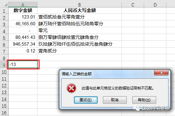 人民币大写转换_Excel数字转人民币大写金额公式_Excel数据验证设置负数警告