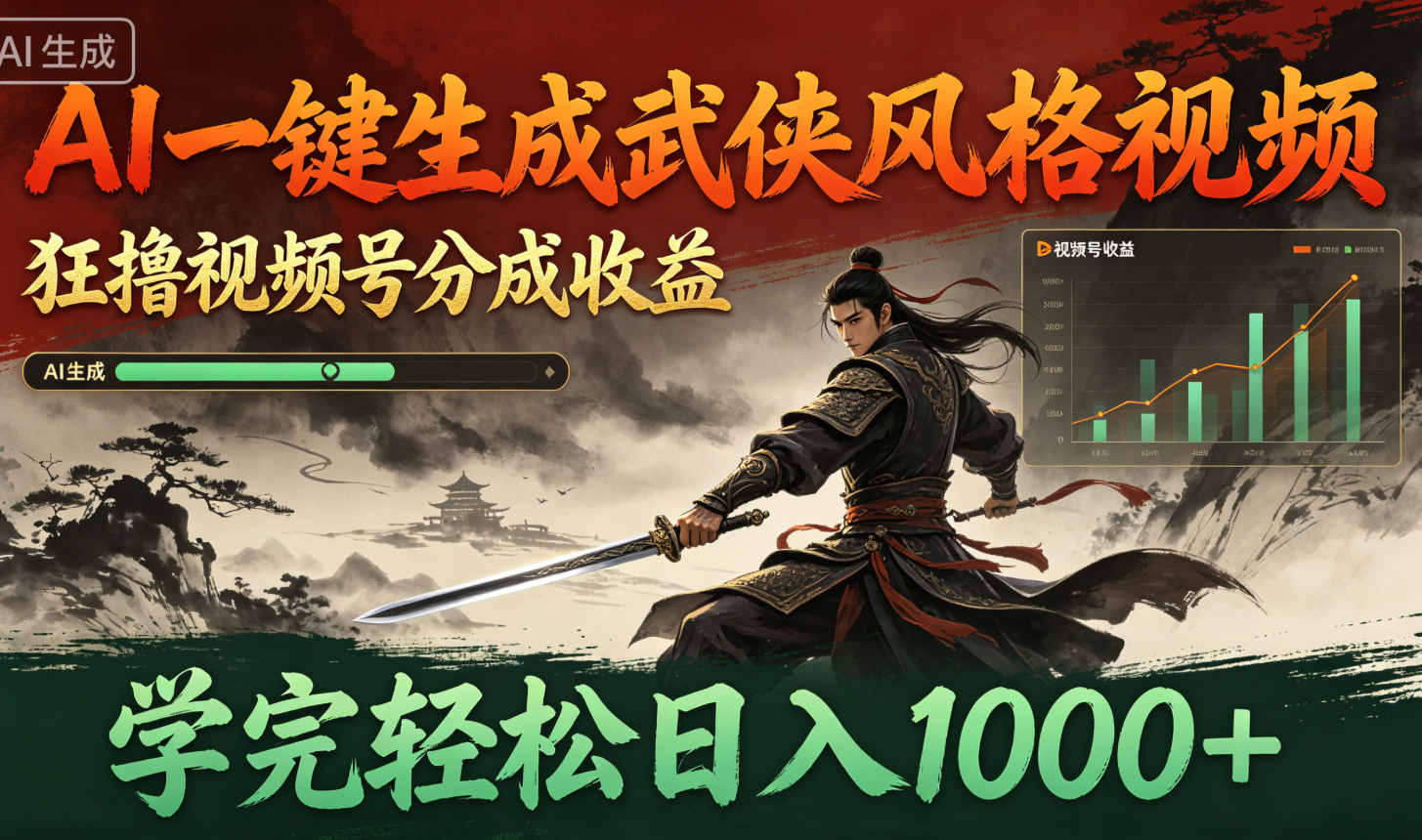 AI一键生成武侠风格视频，狂撸视频号分成收益，学完轻松日入1000+-星尘资源网